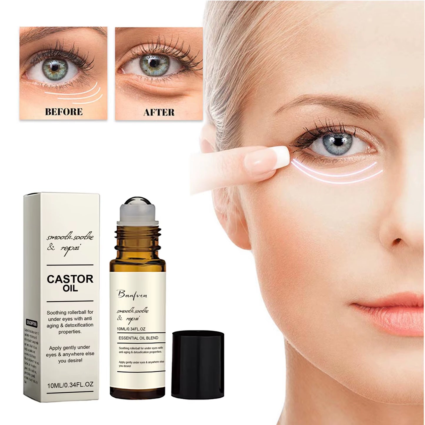 Castor Oil Eye Serum Anti-Wrinkle Remove Dark Circles Eye Bags Anti-Puffiness Lift Firm Ball Massage Moisturize Nourish Eye Care